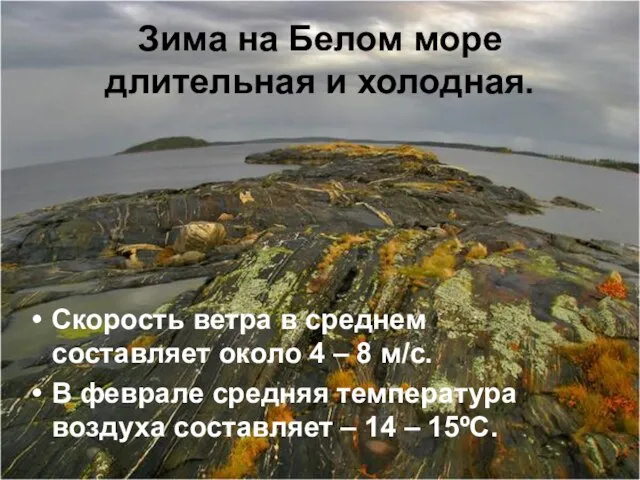 Зима на Белом море длительная и холодная. Скорость ветра в среднем составляет