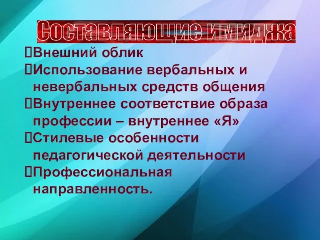 Внешний облик Использование вербальных и невербальных средств общения Внутреннее соответствие образа профессии