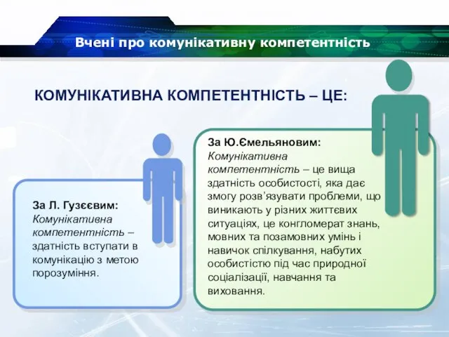 Вчені про комунікативну компетентність За Л. Гузєєвим: Комунікативна компетентність – здатність вступати