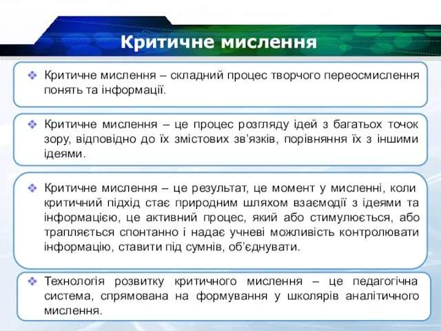 Критичне мислення Критичне мислення – складний процес творчого переосмислення понять та інформації.