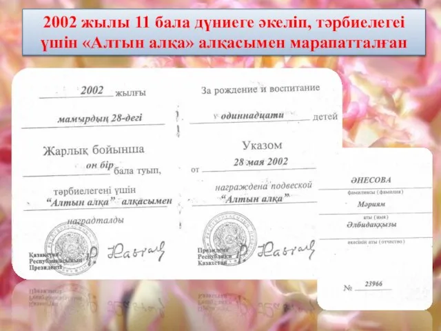 2002 жылы 11 бала дүниеге әкеліп, тәрбиелегеі үшін «Алтын алқа» алқасымен марапатталған