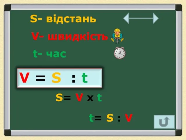 S- відстань V- швидкість t- час S= V х t t= S : V