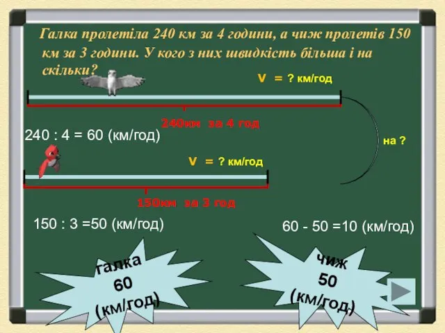 Галка пролетіла 240 км за 4 години, а чиж пролетів 150 км