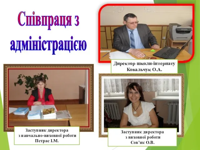 Співпраця з адміністрацією Директор школи-інтернату Ковальчук О.А. Заступник директора з навчально-виховної роботи