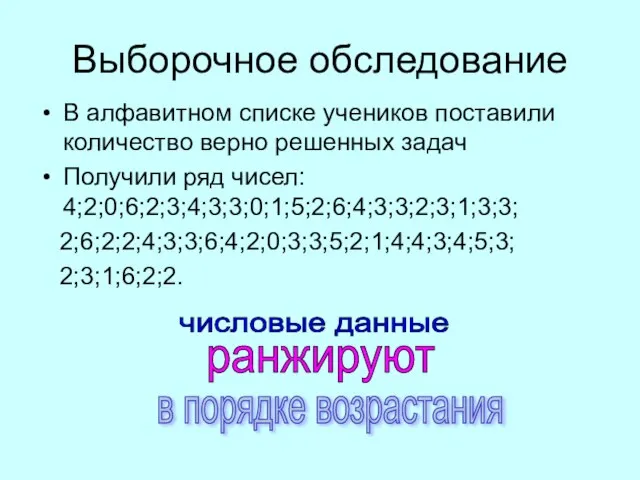 Выборочное обследование В алфавитном списке учеников поставили количество верно решенных задач Получили