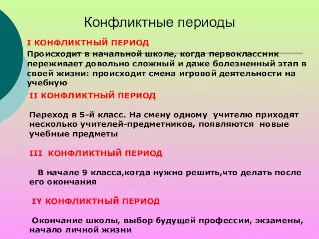 Конфликтные периоды II КОНФЛИКТНЫЙ ПЕРИОД Переход в 5-й класс. На смену одному