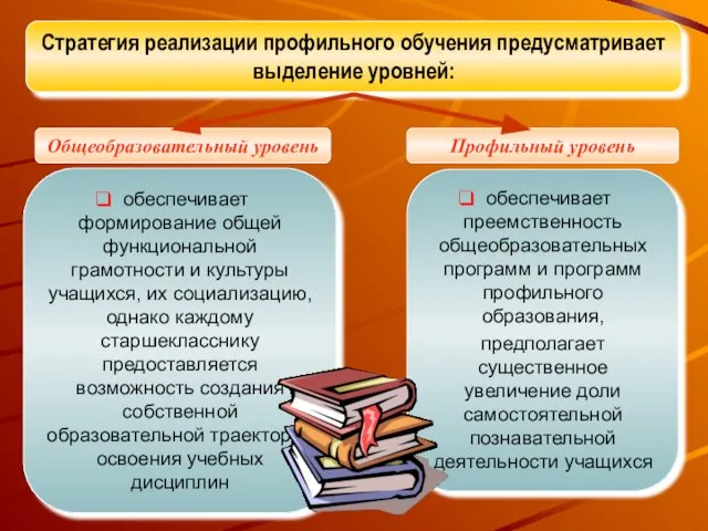 Стратегия реализации профильного обучения предусматривает выделение уровней: Общеобразовательный уровень Профильный уровень обеспечивает