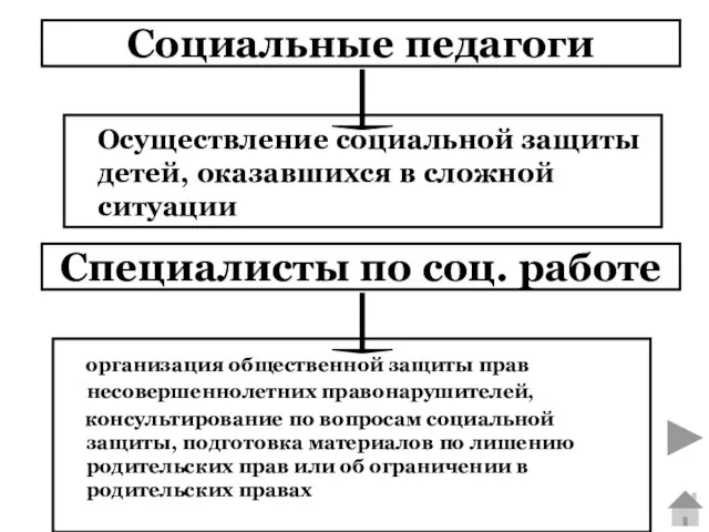 Социальные педагоги Осуществление социальной защиты детей, оказавшихся в сложной ситуации Специалисты по