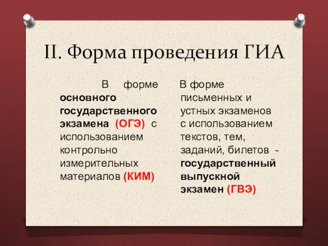 II. Форма проведения ГИА В форме основного государственного экзамена (ОГЭ) с использованием