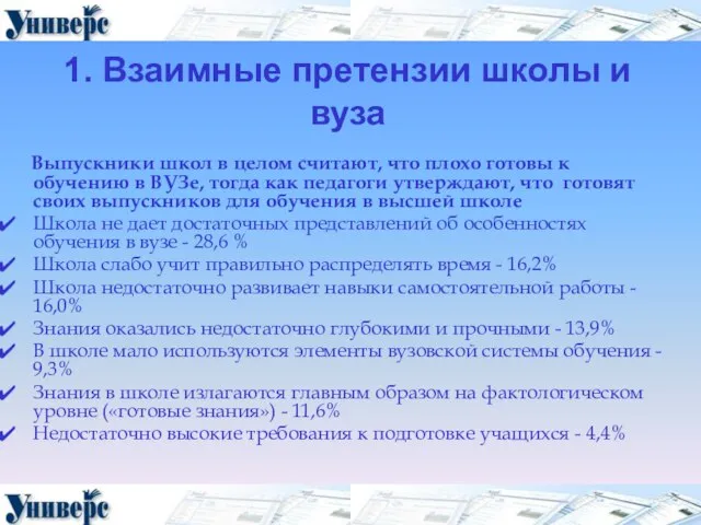 1. Взаимные претензии школы и вуза Выпускники школ в целом считают, что