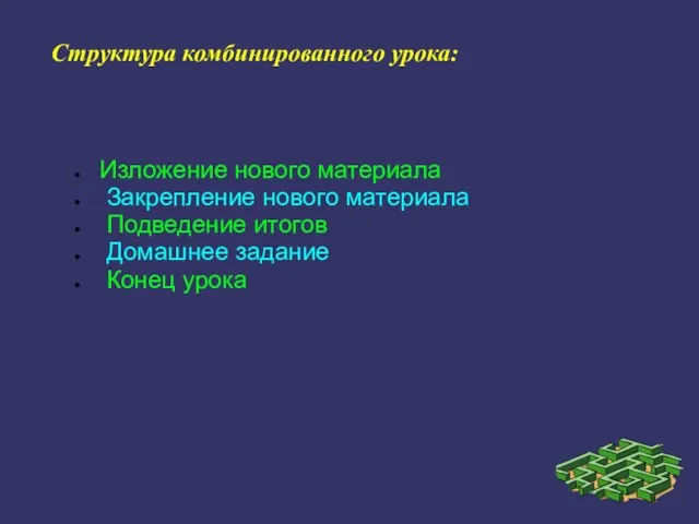 Структура комбинированного урока: Изложение нового материала Закрепление нового материала Подведение итогов Домашнее задание Конец урока