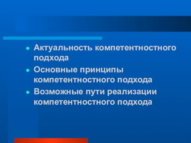 Актуальность компетентностного подхода Основные принципы компетентностного подхода Возможные пути реализации компетентностного подхода