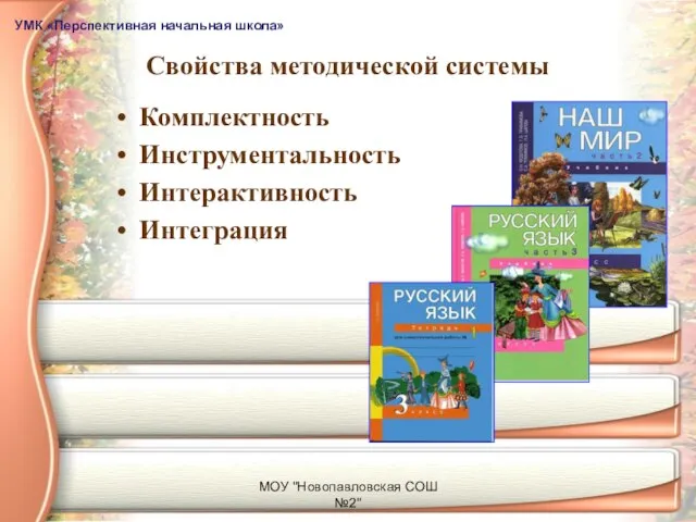 МОУ "Новопавловская СОШ №2" Свойства методической системы Комплектность Инструментальность Интерактивность Интеграция УМК «Перспективная начальная школа»