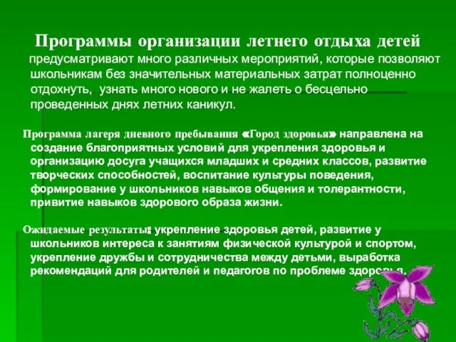 Программы организации летнего отдыха детей предусматривают много различных мероприятий, которые позволяют школьникам