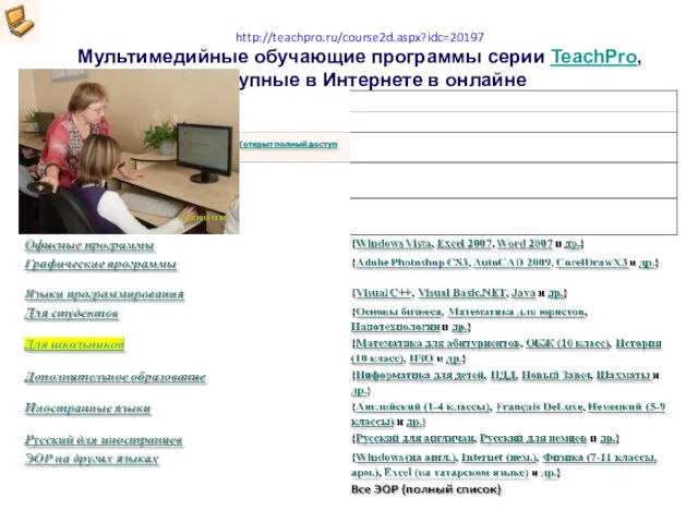http://teachpro.ru/course2d.aspx?idc=20197 Мультимедийные обучающие программы серии TeachPro, доступные в Интернете в онлайне