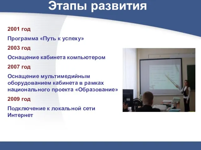 Этапы развития 2001 год Программа «Путь к успеху» 2003 год Оснащение кабинета