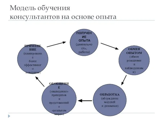 Модель обучения консультантов на основе опыта ПОЛУЧЕНИЕ ОПЫТА (деятельность, работа) ОБРАБОТКА (обсуждение