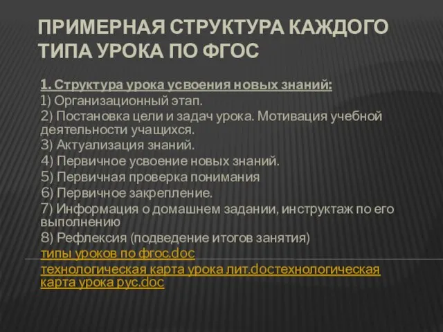 Примерная структура каждого типа урока по ФГОС 1. Структура урока усвоения новых