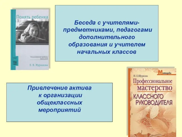 Привлечение актива к организации общеклассных мероприятий Беседа с учителями- предметниками, педагогами дополнительного