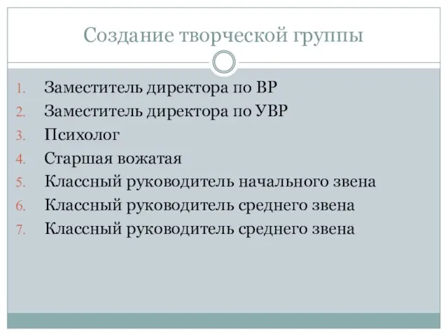 Создание творческой группы Заместитель директора по ВР Заместитель директора по УВР Психолог