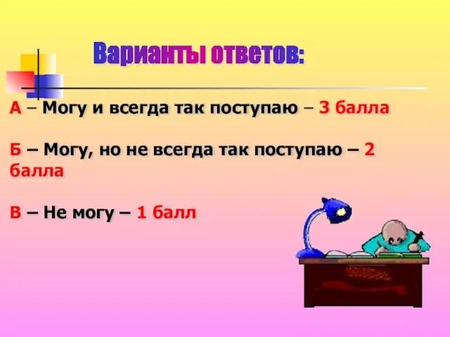 Варианты ответов: А – Могу и всегда так поступаю – 3 балла