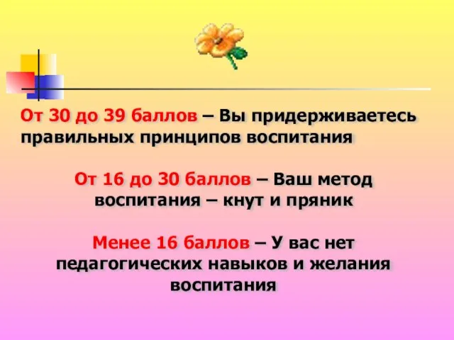 От 30 до 39 баллов – Вы придерживаетесь правильных принципов воспитания От