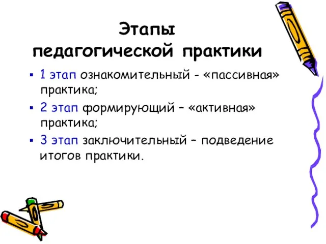 Этапы педагогической практики 1 этап ознакомительный - «пассивная» практика; 2 этап формирующий