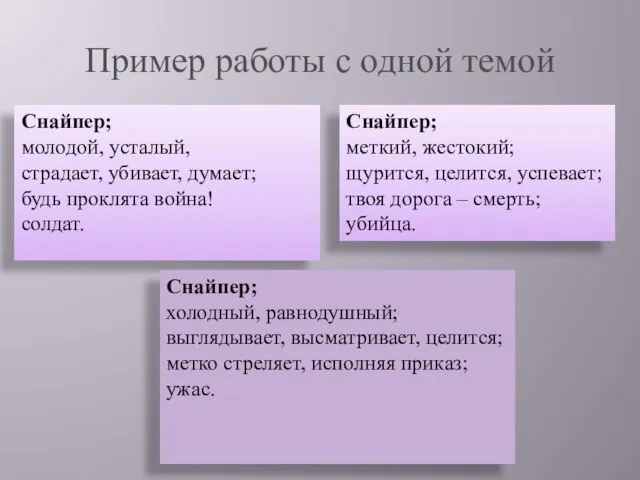 Пример работы с одной темой Снайпер; молодой, усталый, страдает, убивает, думает; будь