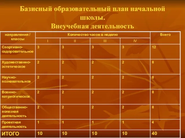 Базисный образовательный план начальной школы. Внеучебная деятельность