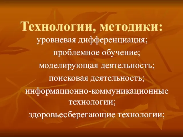 Технологии, методики: уровневая дифференциация; проблемное обучение; моделирующая деятельность; поисковая деятельность; информационно-коммуникационные технологии; здоровьесберегающие технологии;