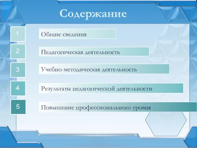 Общие сведения 1 Педагогическая деятельность Учебно-методическая деятельность 3 Результаты педагогической деятельности 4