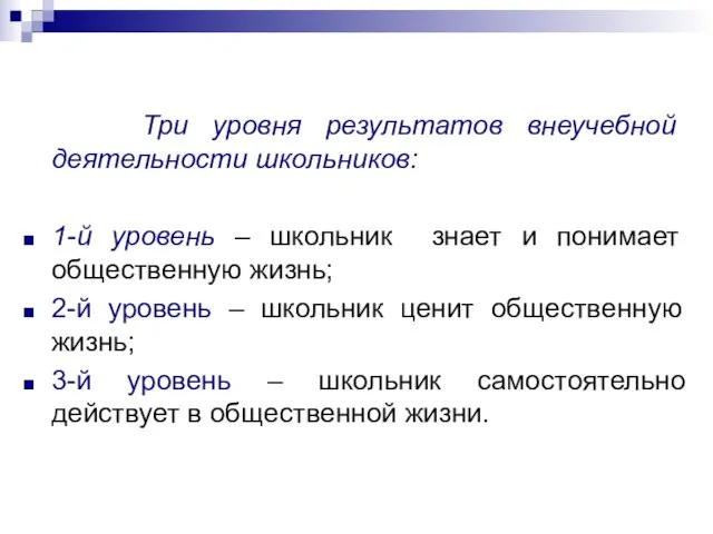 Три уровня результатов внеучебной деятельности школьников: 1-й уровень – школьник знает и