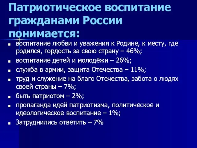 Патриотическое воспитание гражданами России понимается: воспитание любви и уважения к Родине, к