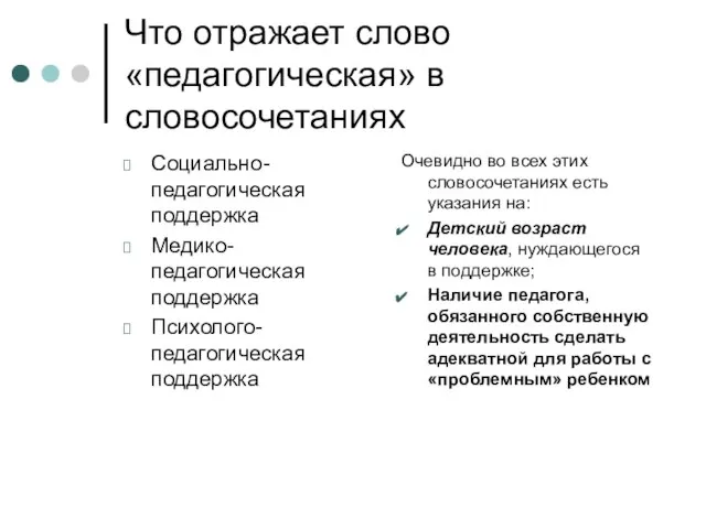 Что отражает слово «педагогическая» в словосочетаниях Социально-педагогическая поддержка Медико-педагогическая поддержка Психолого-педагогическая поддержка