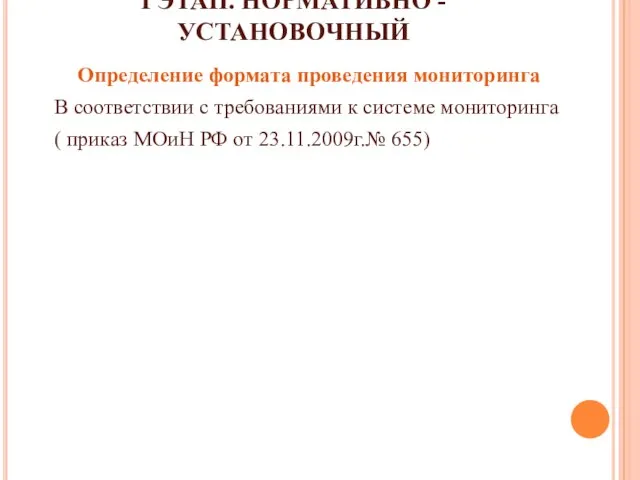 I ЭТАП. НОРМАТИВНО - УСТАНОВОЧНЫЙ Определение формата проведения мониторинга В соответствии с