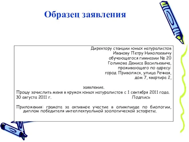 Образец заявления Директору станции юных натуралистов Иванову Петру Николаевичу обучающегося гимназии №