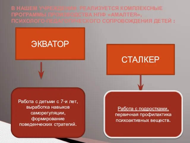 В НАШЕМ УЧРЕЖДЕНИИ РЕАЛИЗУЕТСЯ КОМПЛЕКСНЫЕ ПРОГРАММЫ ПРОИЗВОДСТВА НПФ «АМАЛТЕЯ», ПСИХОЛОГО-ПЕДАГОГИЧЕСКОГО СОПРОВОЖДЕНИЯ ДЕТЕЙ