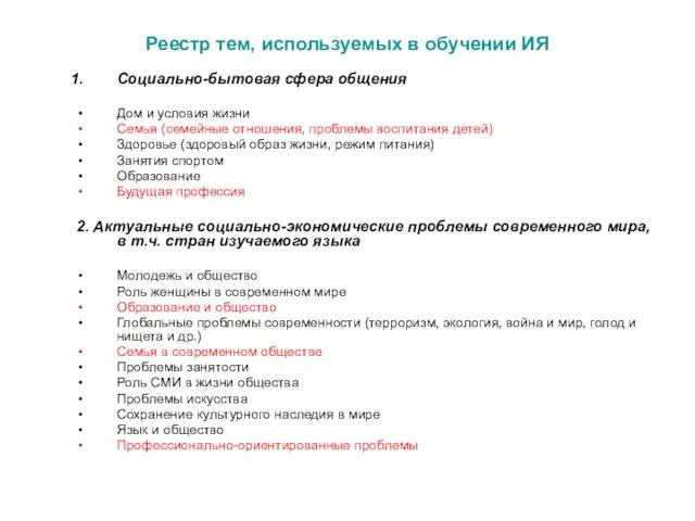 Реестр тем, используемых в обучении ИЯ Социально-бытовая сфера общения Дом и условия