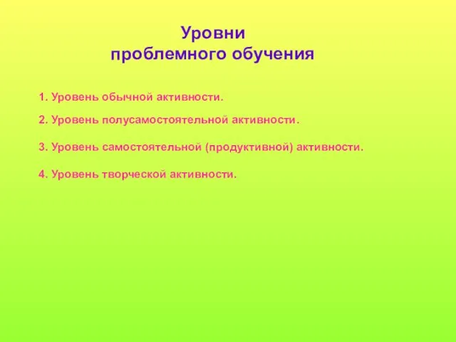 Уровни проблемного обучения 1. Уровень обычной активности. 2. Уровень полусамостоятельной активности. 3.