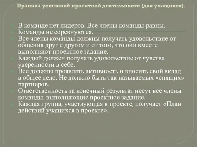 Правила успешной проектной деятельности (для учащихся). В команде нет лидеров. Все члены