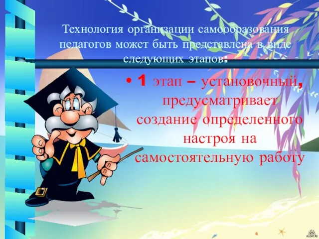 Технология организации самообразования педагогов может быть представлена в виде следующих этапов: 1