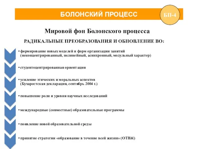 БОЛОНСКИЙ ПРОЦЕСС РАДИКАЛЬНЫЕ ПРЕОБРАЗОВАНИЯ И ОБНОВЛЕНИЕ ВО: Мировой фон Болонского процесса