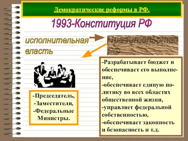 Демократические реформы в РФ. 1993-Конституция РФ исполнительная власть -Разрабатывает бюджет и обеспечивает