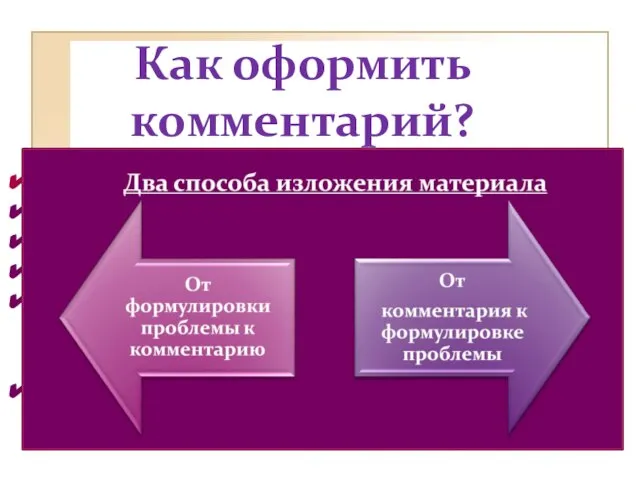 Как оформить комментарий? Автор раскрывает проблему на примере… В центре внимания автора…