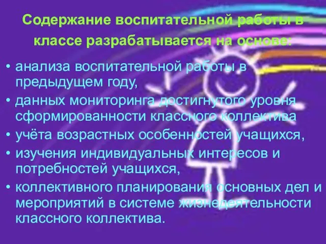 Содержание воспитательной работы в классе разрабатывается на основе: анализа воспитательной работы в