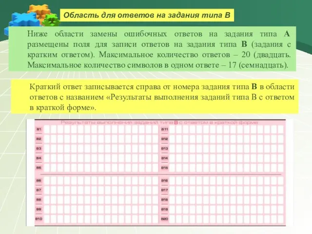 Область для ответов на задания типа В Ниже области замены ошибочных ответов