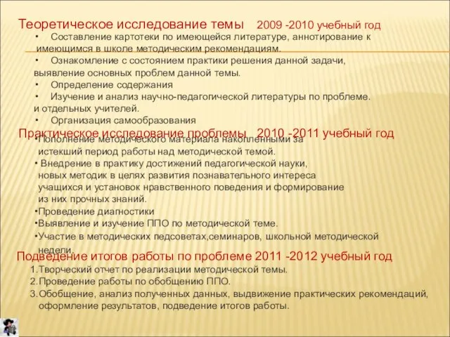 Теоретическое исследование темы 2009 -2010 учебный год Составление картотеки по имеющейся литературе,