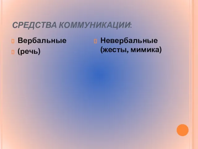 СРЕДСТВА КОММУНИКАЦИИ: Вербальные (речь) Невербальные (жесты, мимика)