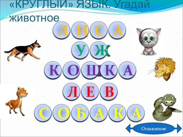 «КРУГЛЫЙ» ЯЗЫК. Угадай животное Оглавление О К Ш К А Л Е