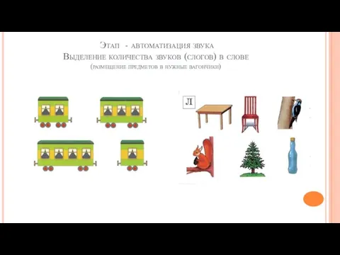 Этап - автоматизация звука Выделение количества звуков (слогов) в слове (размещение предметов в нужные вагончики)